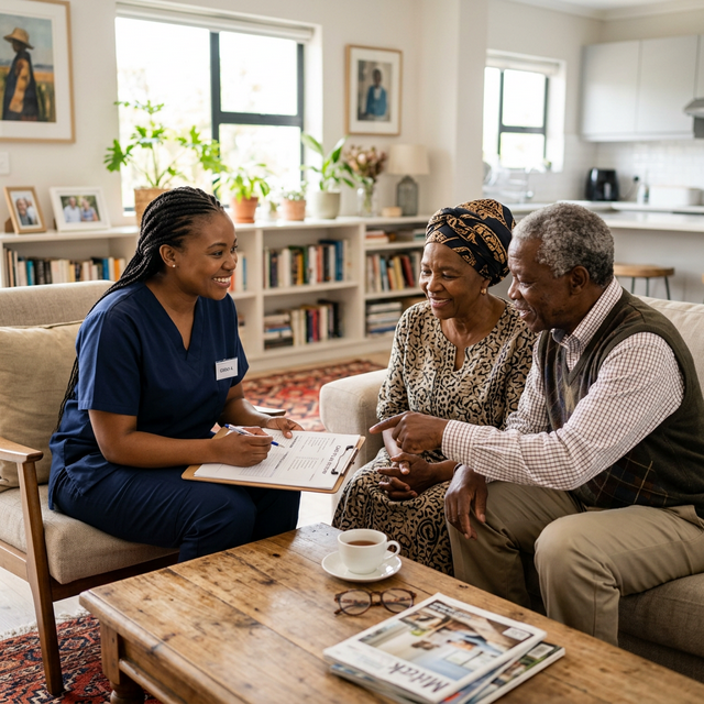 Caregiver supporting an elderly client in a premium home care setting.