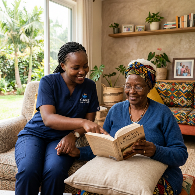 Caregiver helping an elderly client read in a sunlit living room.