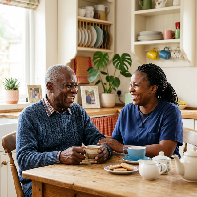Caregiver and elderly client sharing tea and conversation.