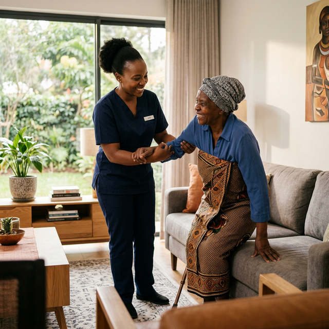 Caregiver supporting an elderly client at home.