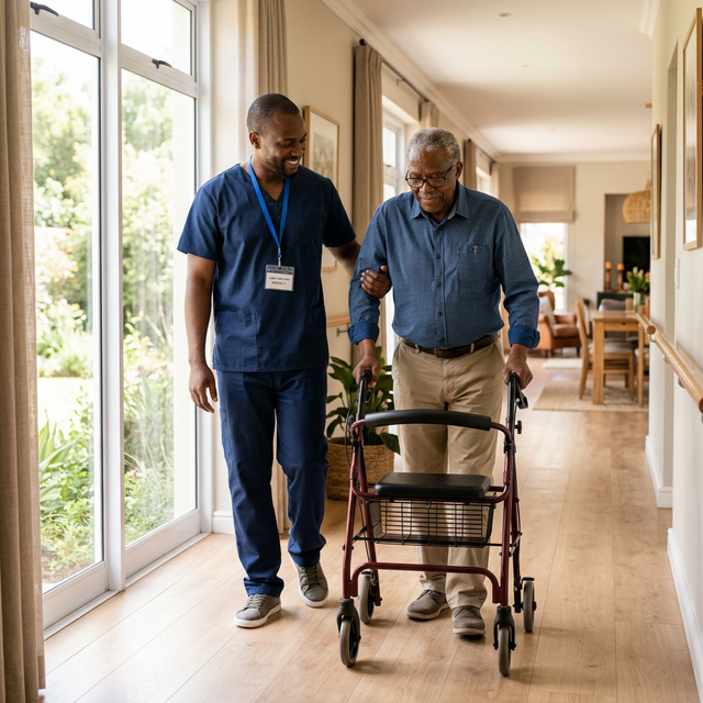 Caregiver helping an elderly client walk safely.
