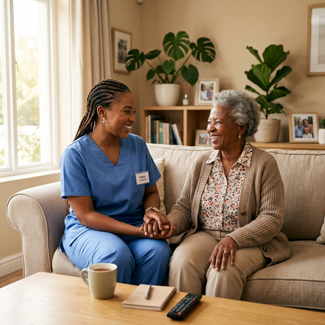Caregiver talking with an elderly client in a warm home setting.