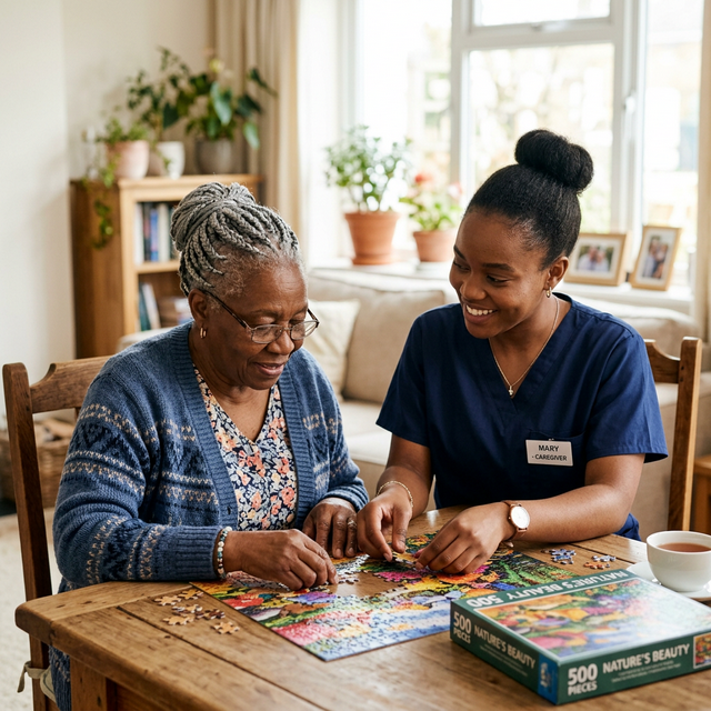 Elderly client with family member in a supportive memory care environment.