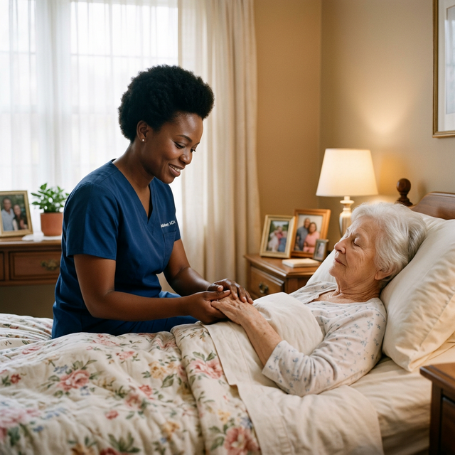 Peaceful hospice support scene with an elderly client resting comfortably.