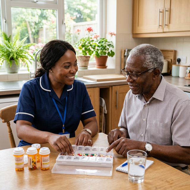 Caregiver helping an elderly client with medication routine guidance.