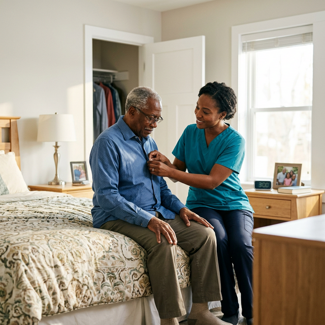 Caregiver assisting an elderly client with day to day personal care at home.