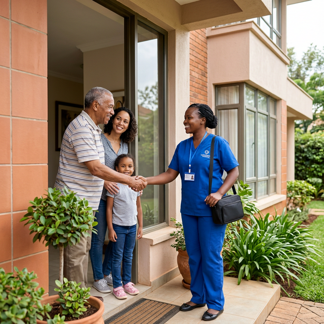 Smiling elderly client receiving support from a caregiver.